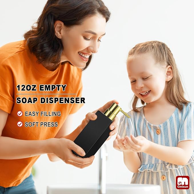 GMISUN Gold Hand Soap Dispenser, Black Glass Soap Dispenser with Gold Pump for Bathroom, 12 fl oz/350ml Refillable Dish Dispensers for Kitchen, Modern Liquid Lotion Bottles for Countertop