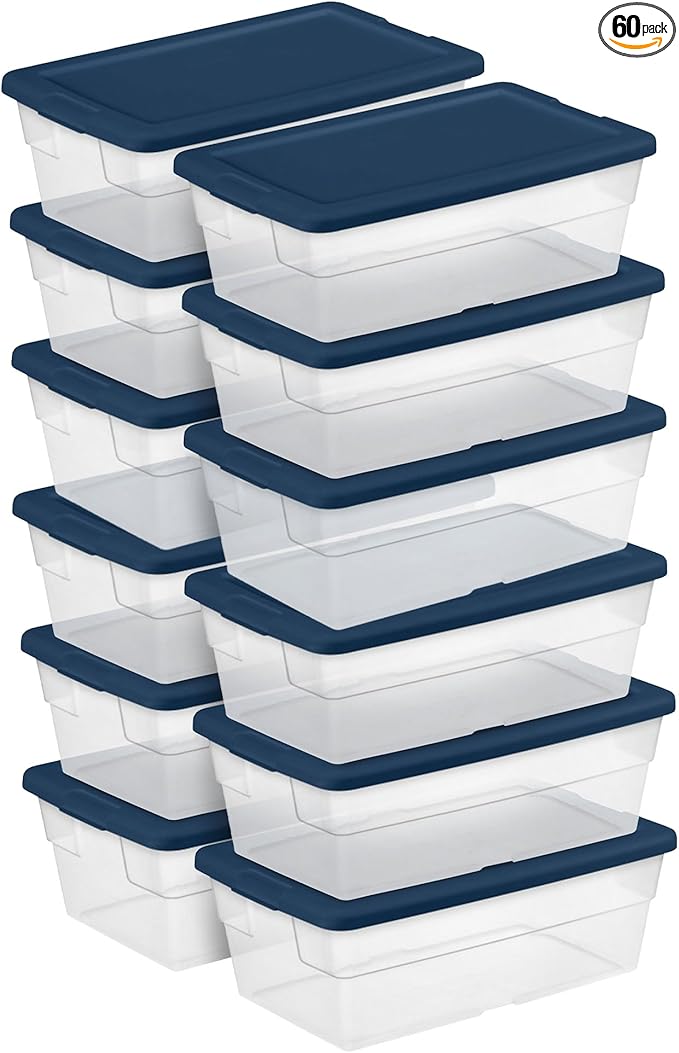 Sterilite Stackable 6 Qt Storage Box Container, Clear, Marine Blue Lid (60 Pack)