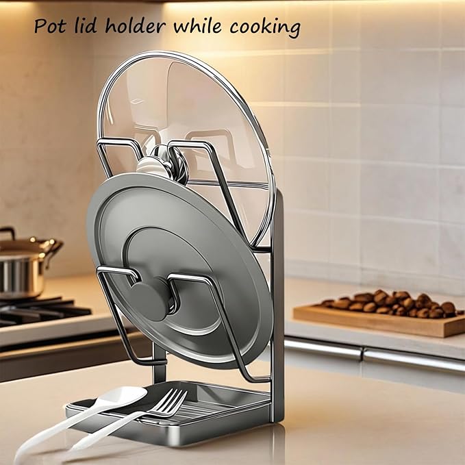 Kitchen Pot Lid Storage Rack, Stainless Steel Pot Lid Holder While Cooking for Countertop, Multifunctional Pots Lids Organizer Rack with Removable Drip Tray for Spatulas, Ladles & Large Lids (White1)