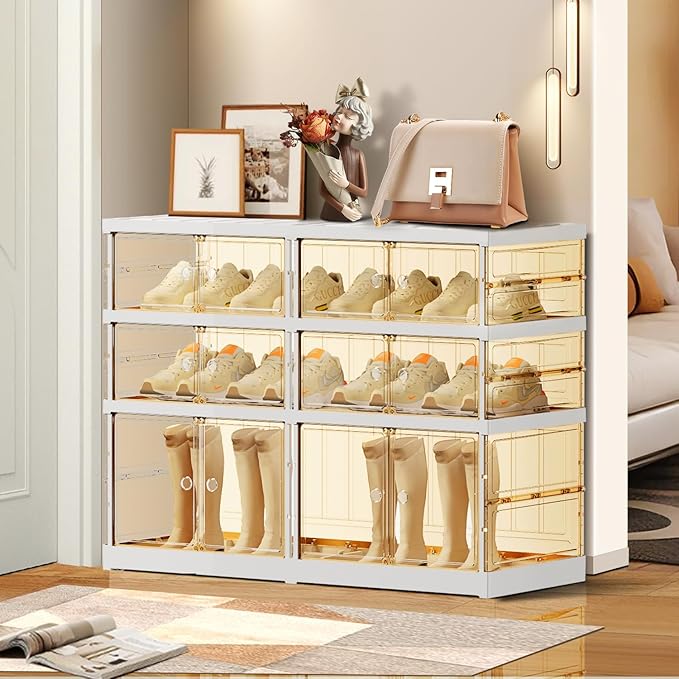 EHAMILY 3 Tiers 6-12 Pairs Foldable Shoe Boxes Large Plastic Shoe Storage Rack Collapsible Shoe Organizer for Closet Clear Stackable Shoes Shelf Storage Cabinet with Doors Quick Assembly