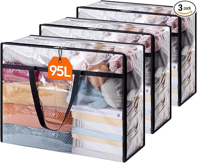 Lifewit 3 Pack Clear Clothes Storage Bags, 95L Plastic Blanket Storage Bag, Vinyl Foldable Moving Bags with Zipper，Closet Organizers and Storage Containers for Comforter, Bedding, Duvet, Pillow