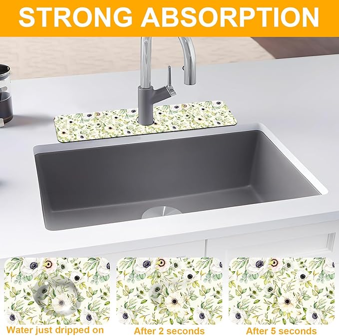 2 Pack Watercolor Floral Sink Faucet Absorbing Mat White Pink Flowers Super Absorbent Fast Drying Mat Sink Gadgets Behind Faucet Sinkmat for Kitchen Bathroom, 23.5"x5.5"
