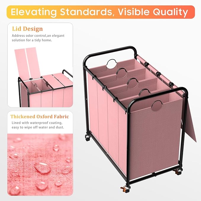 Laundry Sorter 4 Sections 48 Gal, Rolling Laundry Basket with Lockable Wheels and Lid, Laundry Hamper with 4 Separated Removable Bags Dirty Clothes Hamper for Laundry Room Organizer, Pink