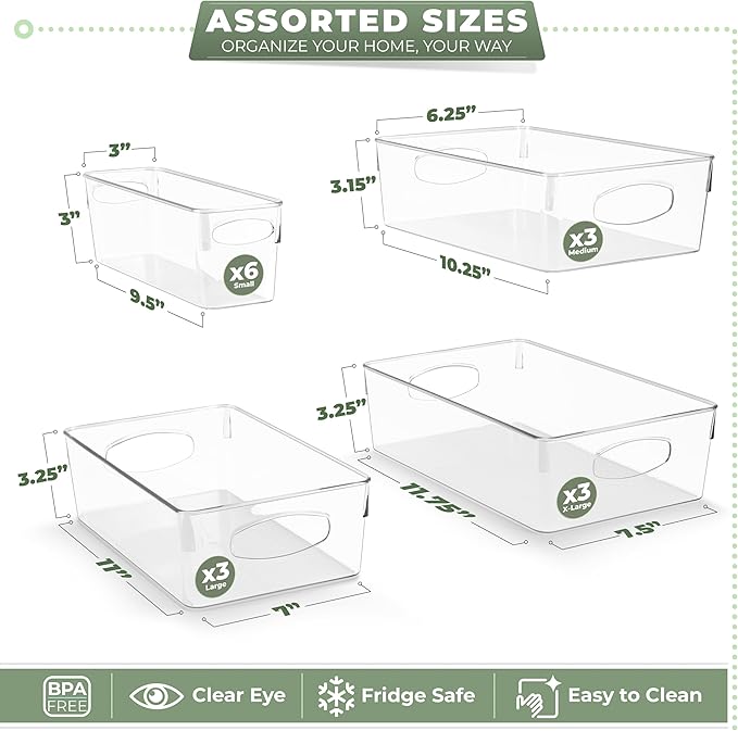 Sorbus Variety 15-Pack Clear Plastic Organizing Bins – Clear Bins for Organizing, Refrigerator Organizers, Fridge Organizer, Pantry Storage, Kitchen Organizer, and Pantry Organizers and Storage Bins