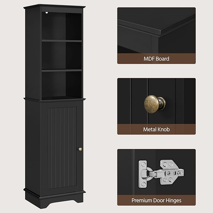 Yaheetech 60.5" Freestanding Bathroom Storage Cabinet, Tall Slim Floor Cabinet with 3 Shelves & Door, Space Saving Organizer, Home Storage Furniture, Black