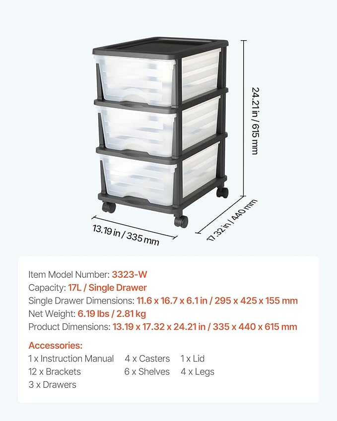 VEVOR Plastic Storage Drawers Cart, 3 Drawers Storage Organizer with Wheels, Rolling Closet Organization and Storage Dividers, Dresser Organizer Clear Bins for Office Supplies, Craft Rooms, Classrooms
