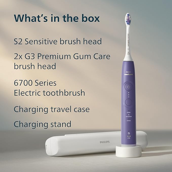 Philips Sonicare 6700 Series Electric Toothbrush - Next-Generation Sonicare Technology, Pressure Sensor, 9 Brushing Settings, SmarTimer, BrushPacer, 21-Day Runtime, Travel Case, Purple, HX7417/04