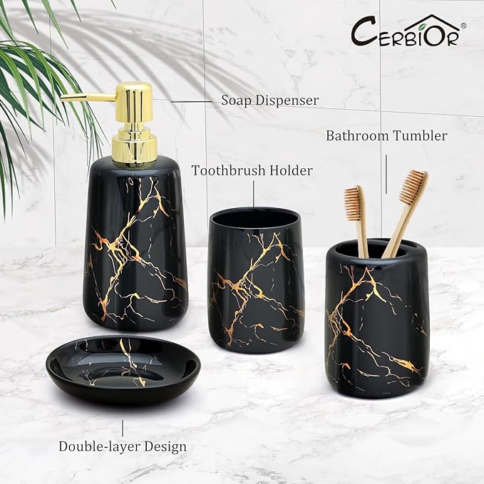 CERBIOR Bathroom Accessories Set,4 Pcs Ceramic Bathroom Decor Accessory,Includes Toothbrush Holder, Toothbrush Cup, Soap Dish for Decorative Countertop and Housewarming Gift(Black 4pcs)