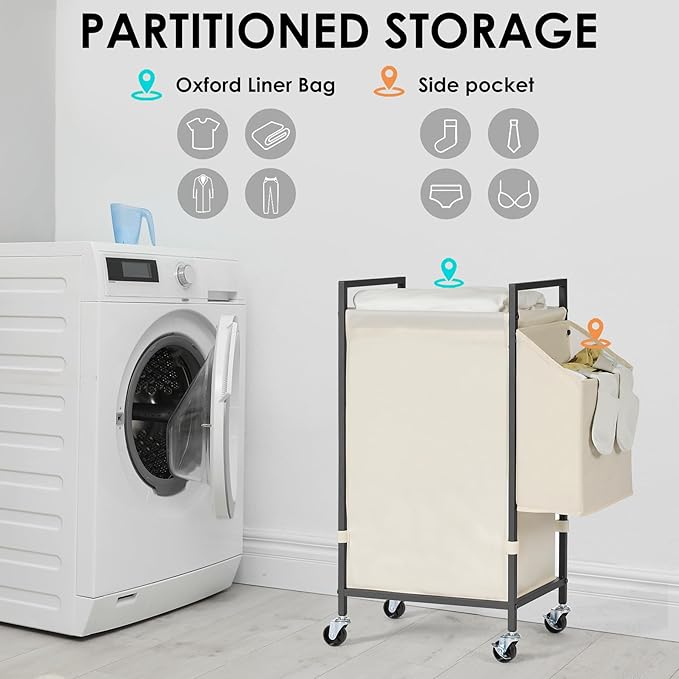 Laundry Hamper with Rustic Brown Lid & Wheels; 96L Large Rolling Laundry Basket with Removable Oxford Liner Bag; Tall Freestanding Dirty Clothes Hamper with Side Pocket; Metal Frame Laundry Cart