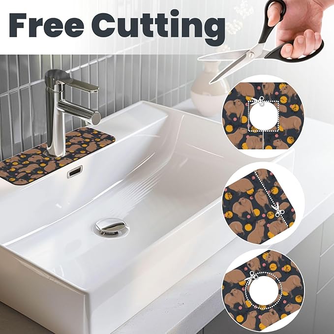 Capybara Doodle Botanical Circle Wildlife Kitchen Sink Splash Guard Faucet Mat Super Absorbent Fast Drying Mat Sink Gadgets-Fast Drying Pad Sink Mat For Kitchen Bathroom (15" X 5.5" )
