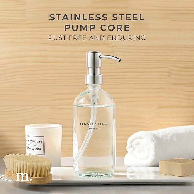MaisoNovo Soap Dispenser 1-Piece Set | 16.9oz Clear Bottles with Silver Stainless Steel Pump Core