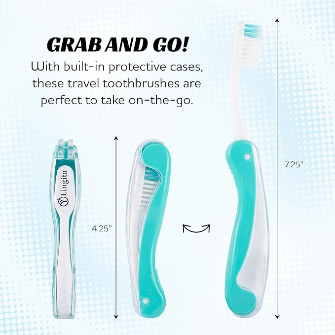 Lingito Travel Toothbrushes - Medium, Mini with Cover, Camping, Folding Travel Size, Adults Kit (4 Pack)