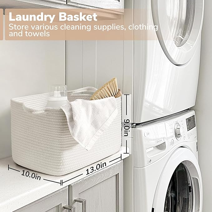 Goodpick White Woven Rope Basket with Handles, Medium Rectangle Basket for Books, Toys, Towels, Square Decorative Baskets for Living Room, Nursery, Shelf Baskets for Bedroom, 13" x 10" x 9"
