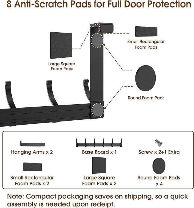CHAUNCEY HOME Over The Door Hooks Hanger with Extended Arms, Fit 1 3/8" Door, Tool-Free Assembly, F7U, Towel Rack Organizer Holder - Black