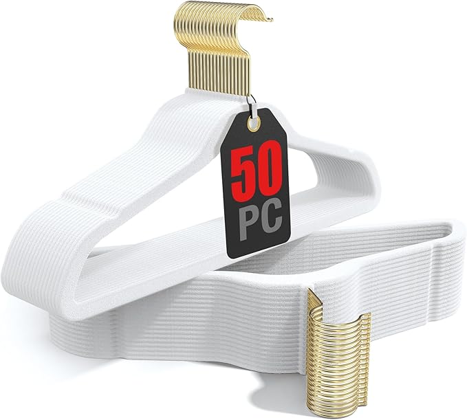 Korpai 50 Pack White Velvet Hangers,Coat Hanger Non Slip,Heavy-Duty,Space Saving,Slim Clothes Hangers for Pants,Outfit,Skirts,Suits,Coats,Dresses ect.Felt Hangers with Gold 360°Swivel Hook