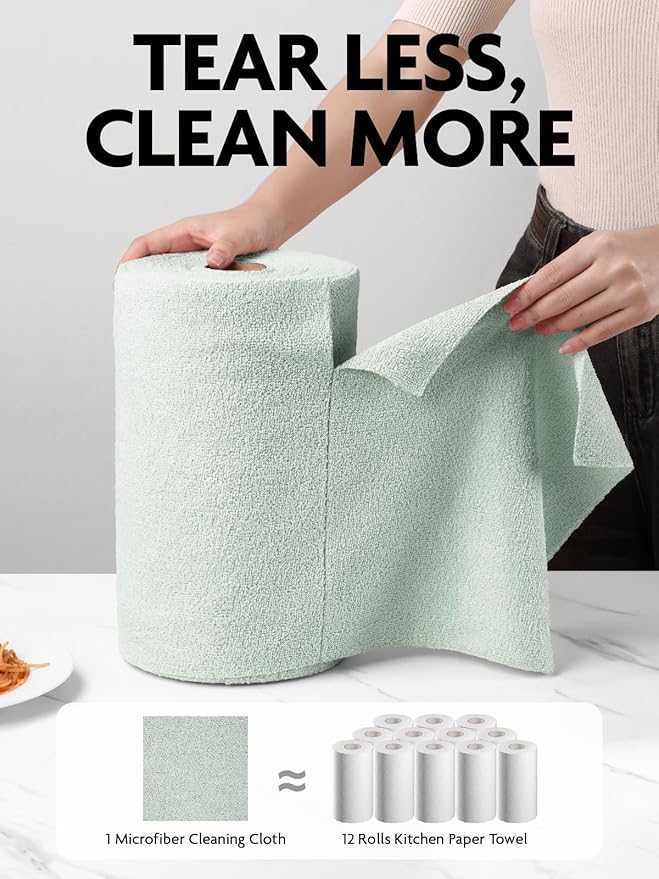 Fantasticlean Microfiber Cleaning Cloth Roll -75 pack, Tear Away Microfiber Towels, 12" x 12", Reusable, Washable, Scratch Free, Ultra Absorbent Dishcloth for All-around Cleaning Supplies (Moss Green)