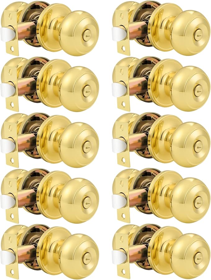 Probrico 10 Pack Privacy Door Knobs Lock Interior Bedroom Bathroom Door Handle Polished Brass Round Ball Keyless Lockset