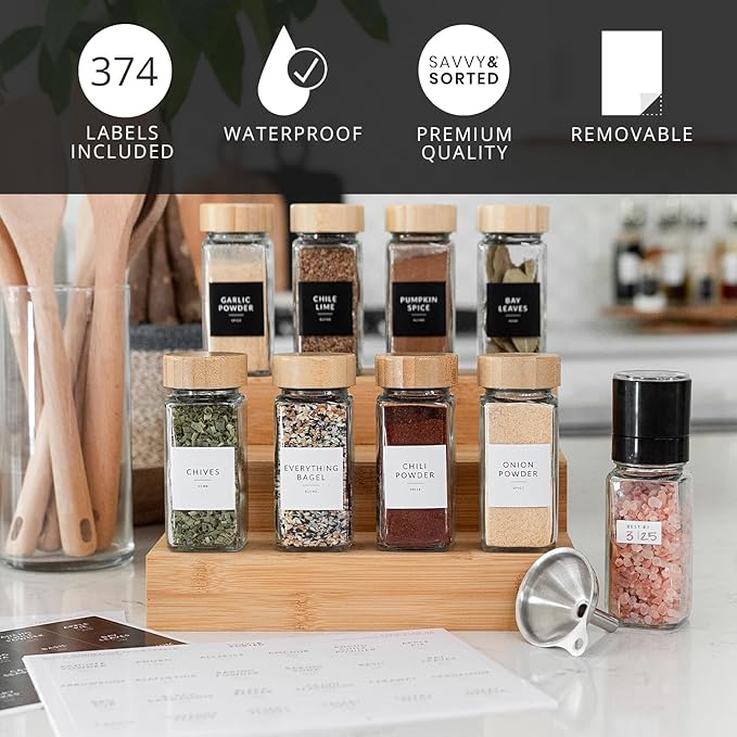 SAVVY & SORTED Square Spice Labels, 374 Preprinted Organizing Waterproof Stickers Designed for Spices Storage Glass Jars Bottles for Herbs Seasonings, Kitchen Pantry Organization