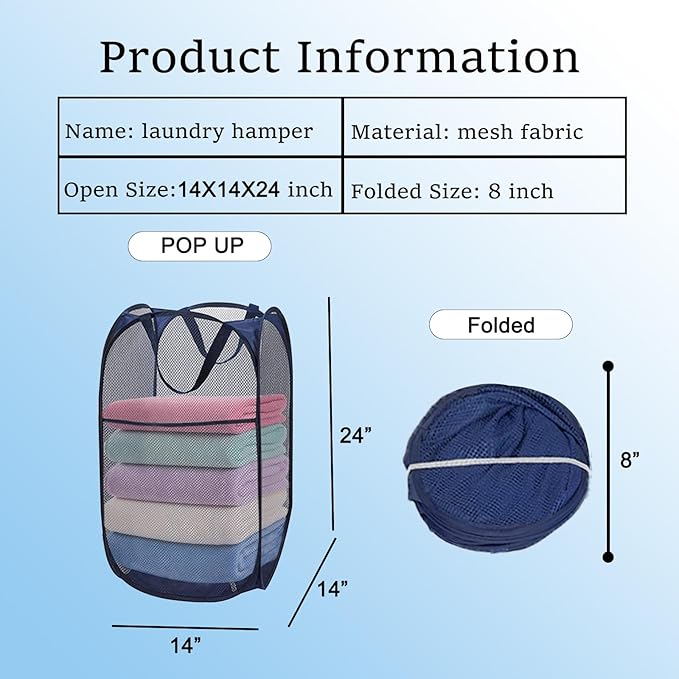 2 Pack Collapsible Pop Up Laundry Hamper, Large Capacity Mesh Laundry Basket Space Saving for Apartments, Student Dorms, Apartment (Beige+Blue)