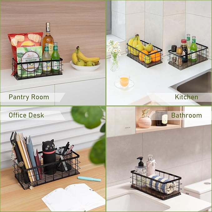 ROSE BLOOM Small Metal Wire Storage Basket, Decorative Wood Base Organizer Bins for Bathroom, Kitchen, Laundry Room, Pantry, Basket for Toilet Paper, Fruits, Spices（1 Pack