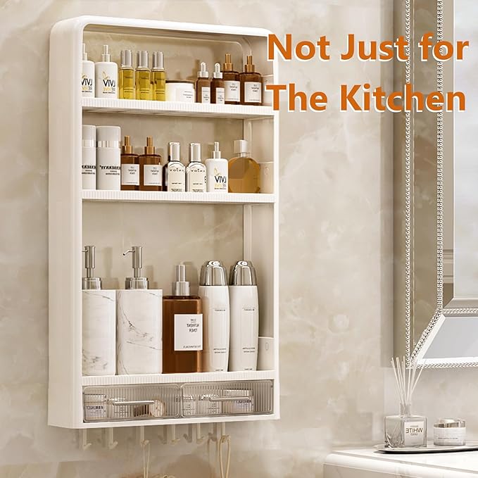 Spice Rack Kitchen Pantry Organizer and Storage - 3 Tier with Drawers and Hooks Kitchen Shelf for Spice Jars and Seasonings, No Drilling Adhesive Wall Mounted Hanging Home Organization