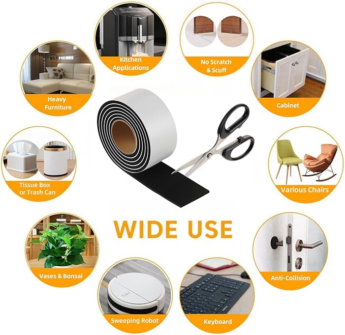 Felt Strips with Adhesive Backing – Furnigear Heavy Duty Cuttable Felt Tape Roll Furniture Pads for Chair Legs - Protecting Hardwood Floors, Chair Wall Protector (Black, 120 x 2 x 0.14 Inch)