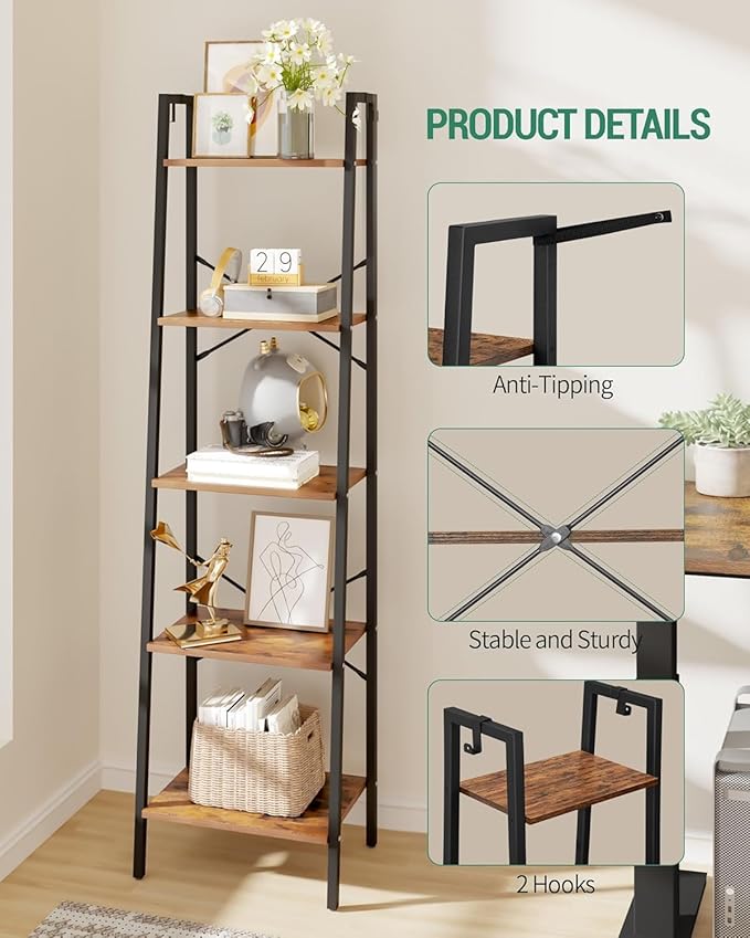 Ladder Shelf, Bookshelf Bookcase, Freestanding Corner Storage Shelve with 2 Hooks for Home Office, Living Room, Kitchen, Bedroom, Industrial, 11.8" D x 17.3" W x 63" H, Rustic Brown BC19201B