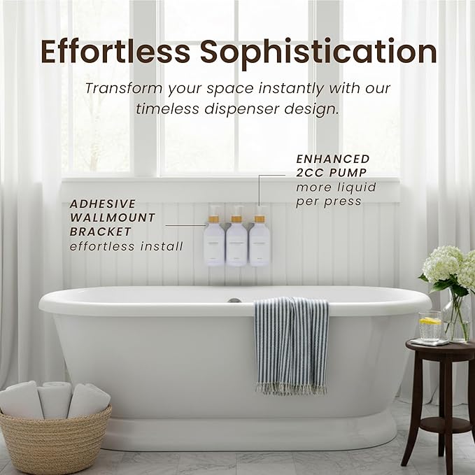 MaisoNovo Shampoo and Conditioner Dispenser - Shower Soap Dispenser Wall Mounted - 16.9 fl oz Set of 3 White Plastic Bottles Bamboo Pump - 3 Chamber No Drill