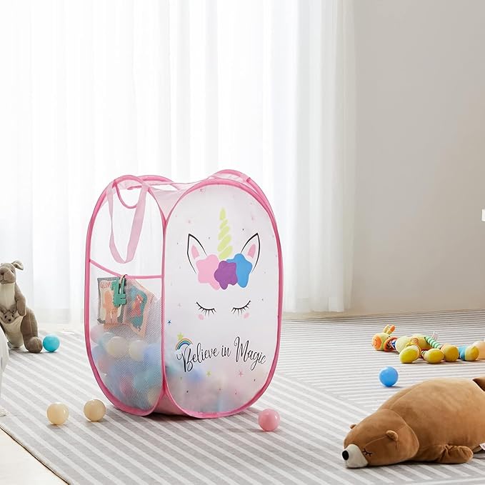 TECHMILLY Collapsible Mesh Pop Up Laundry Hamper with Sturdy Handles and Side Pocket - Portable Foldable Clothes Baskets for Dorm, Bathroom & Travel Storage (Unicorn, 2 Packs)