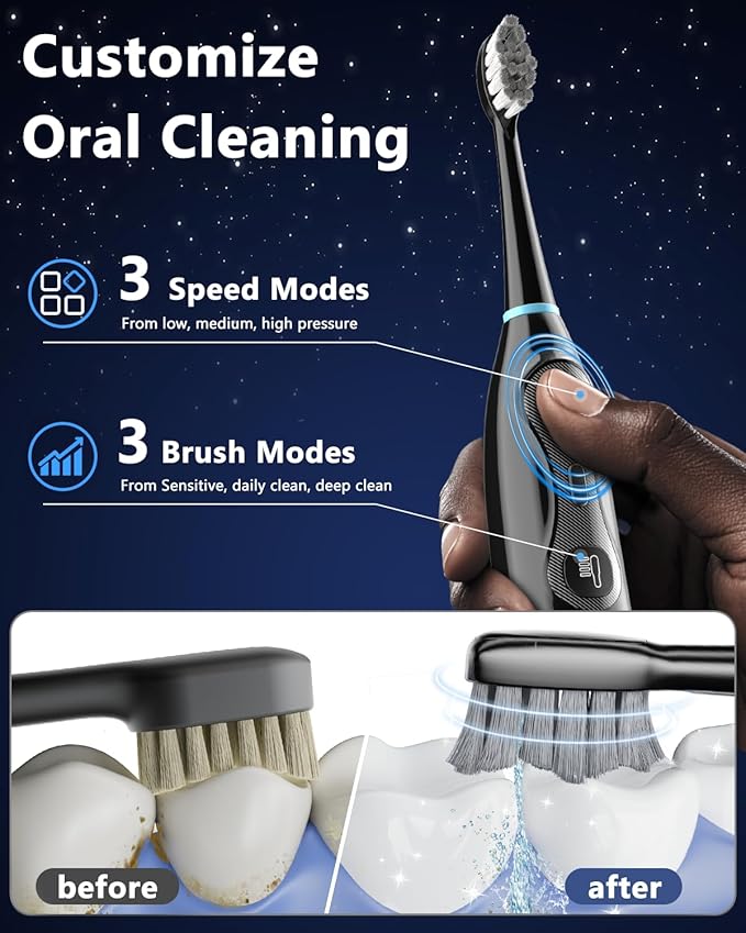 3-in-1 Flossing Toothbrush – Flosses, Vibrates and Oscillates, Electric Toothbrush with Water Flosser for Adults, 5 Brush Heads, 3 Modes for Plaque Removal, Sensitivity & Braces, Travel - Black