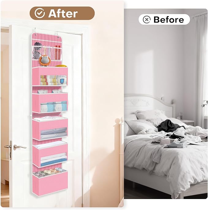 SpaceWhisper Over the Door Organizer, 6 Large Pocket Hanging Storage Organizer with 40lb Capacity, Space Saving for Nursery, Bathroom, Bedroom, Closet - Baby Essentials & Toiletry Organizer (Pink)