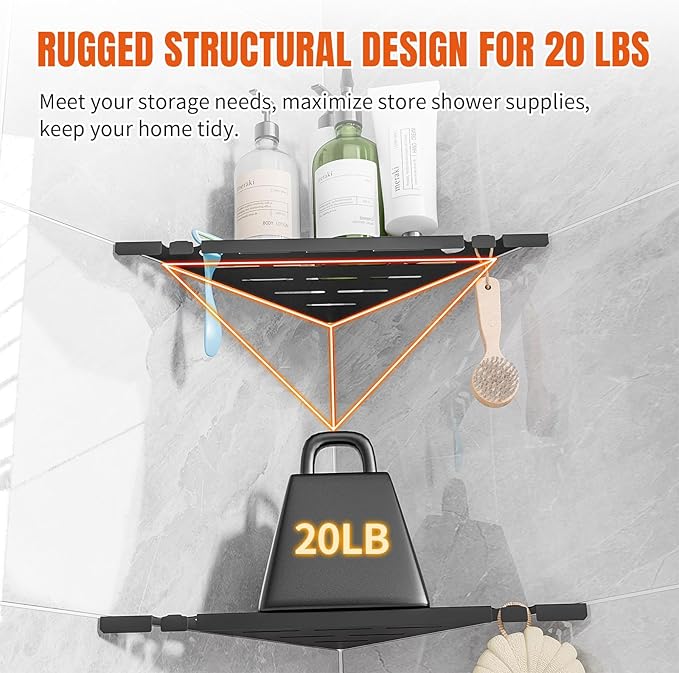 HBXS Shower Corner Shelf Organizer Rack with Hooks & Razor Hole, No Drilling Tile Shower Shelves, Rustproof Stainless Steel Bathroom Shelves Basket, Modern Corner Shelf for Bathroom, 2Pack-Black