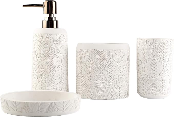Hymmah Bathroom Accessories Set,Toothbrush Holder,Farmhouse Decor,4 Pcs Resin Gift Apartment Necessities, Contain Toothbrush Cup,Soap Dispenser & Dish,Tumbler