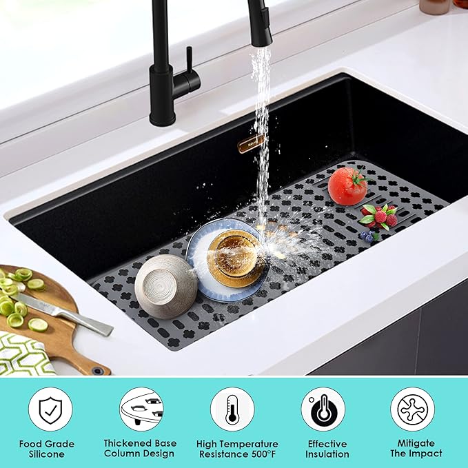 Kitchen Sink Mat, Sink Protectors for Kitchen Sink, DIY Silicone Sink Mat 28”x14” Non-Slip Folding Sink Grates for Bottom of Farmhouse Stainless Steel Porcelain Sink, Can Be Cut to Any Size Grey-1 PCS