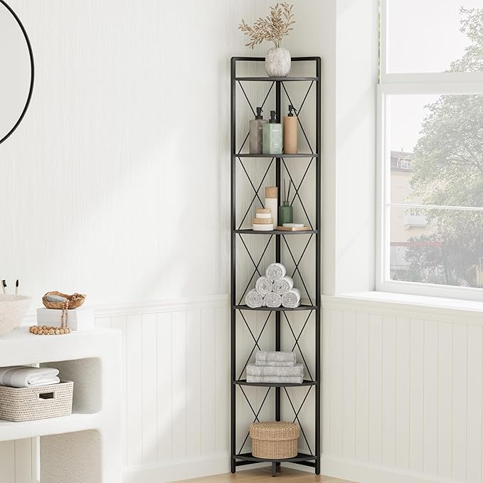 6 Tier Corner Shelf Stand, 78" H Tall Industrial Corner Bookshelf for Living Room Decor, Metal Corner Shelf, Plant Stand Display Shelf for Bedroom, Bathroom, Small Space, Black