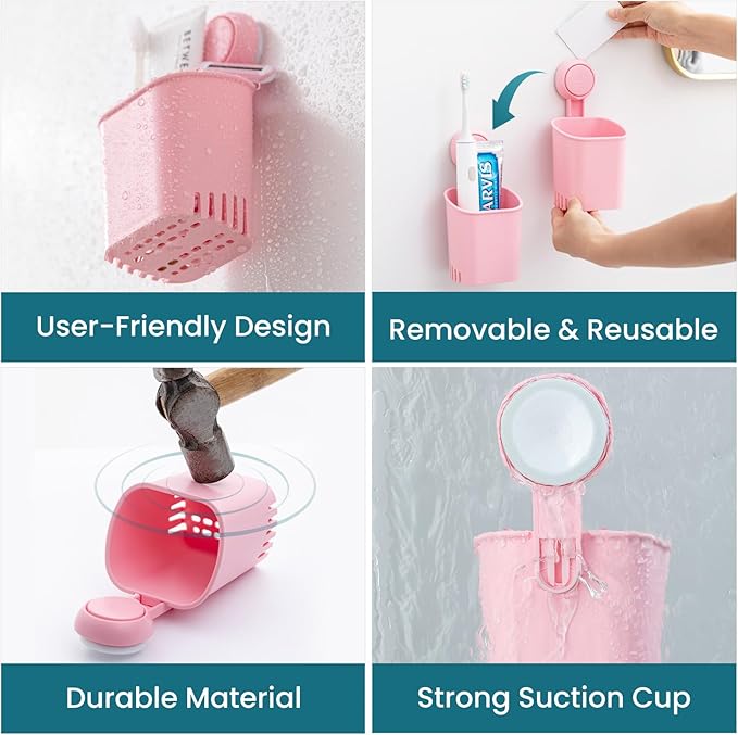 TAILI Suction Toothbrush Holder for Shower Wall, Self-draining Shower Cup for Razor, Toothpaste, Kitchen Tableware. No Nail, No Glue, No Tool! Strong Suction Cup Toothbrush Holders for Bathroom, Pink