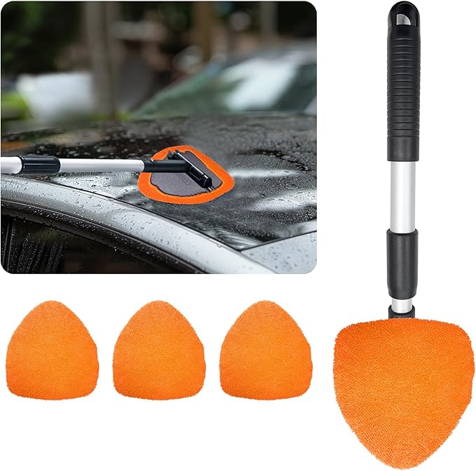 Ziciner Car Windshield Cleaner, Microfiber Auto Cleaning Wiper with Aluminum Extendable Handle and 2 Washable Reusable Cloth Pad Head, Universal Vehicle Interior Exterior Cleaner Kit (Orange-Triangle)