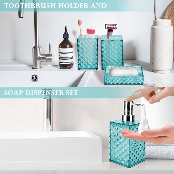 Bathroom Accessory Set, Grid Pattern 4 Pcs Plastic Bathroom Set Include Soap Dispenser, Soap Dish, Toothbrush Holder, Mousewash Cup, Modern Bahtroom Décor Set(Light Blue)