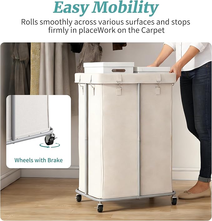 160L Laundry Hamper with Wheels, Rolling Laundry Basket with Metal Frame and Removable Bag, Double Laundry Hamper 2 Section, Large & Tall Dirty Clothes Hampers for Bedroom Aesthetic, Laundry Room