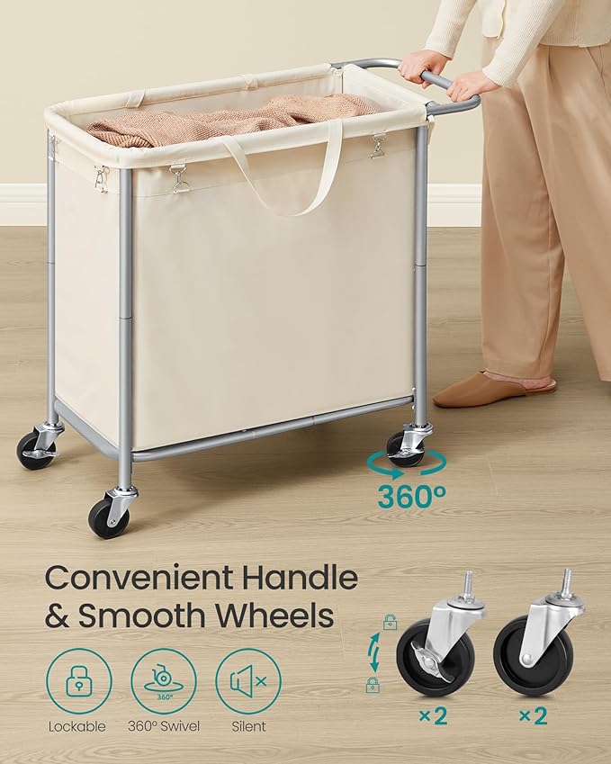 SONGMICS Laundry Basket with Wheels, Rolling Laundry Hamper, 47.5 Gallons (180 L), Removable Liner, Steel Frame with Handle, 31.5 x 15.4 x 31.9 Inches, Cream White URLS011W01