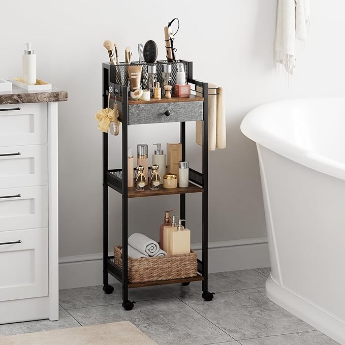 Bathroom Storage Organizers with Drawer, 3 Tier Metal Rolling Standing Unit with Toilet Paper Holder, Multifunctional Floor Corner Rack for Cosmetic, Dryer Curling Irons 12.8in Wide Black