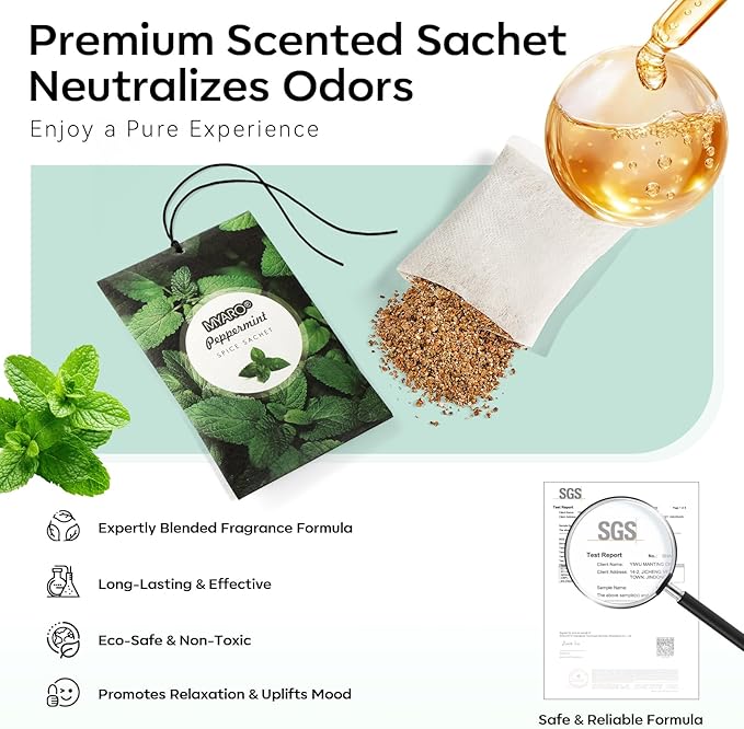 MYARO 12 Pack Peppermint Scented Sachets for Drawer, Closet & Car Odor Eliminator & Air Freshener Bags | Crisp, Cool Mint Fragrance for Shoes, Gym Bag & Home