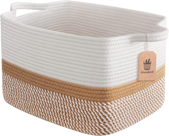 Goodpick Woven Storage Baskets for Organizing, Cotton Rope Organizer for Home Decor, 13"x10"x9" Gift Baskets Empty for Kids, Rectangle Laundry Basket with Handles, White & Camel Mix