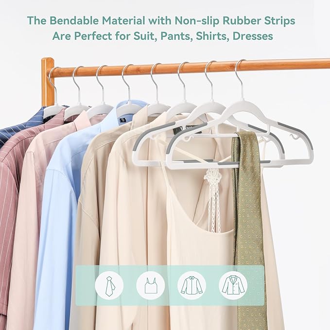 NCXTKJ Coat Hangers 30 Pack, Plastic Clothes Hangers Non Slip with Rubber Grip, Heavy Duty Hanger with 360° Swivel Metal Hook, Ultra Thin Hangers Space Saving for Closet Organizer, White and Dark Gray