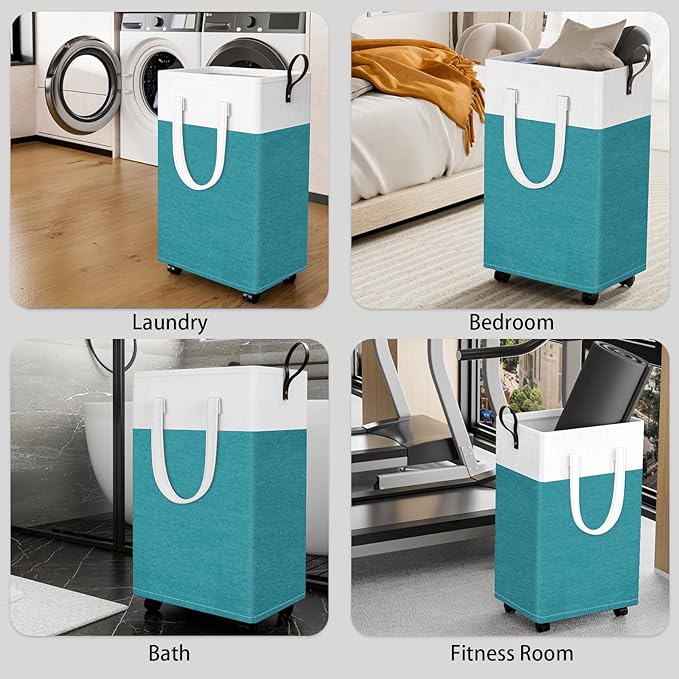 HomeHacks 90L Large Rolling Laundry Basket, Laundry Hamper with 4 Smooth Wheels, Collapsible Waterproof Clothes Basket, Freestanding Hamper with Handles for Bedroom/Dorm/Laundry Room (Green)