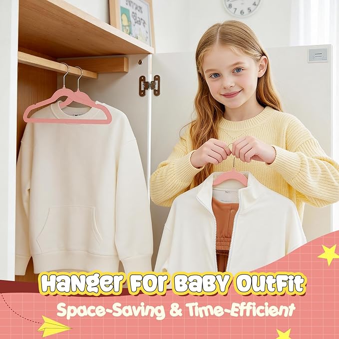 Korpai 50 Pack Kids Velvet Hangers 14 Inch, Non-Slip, Ultra Slim,Space-Saving Kids Hangers with 360° Swivel Hook, 7LBS Capacity, Kids Clothes Hangers Ideal for Childrens' Dresses/Shirts/Coats,Pink