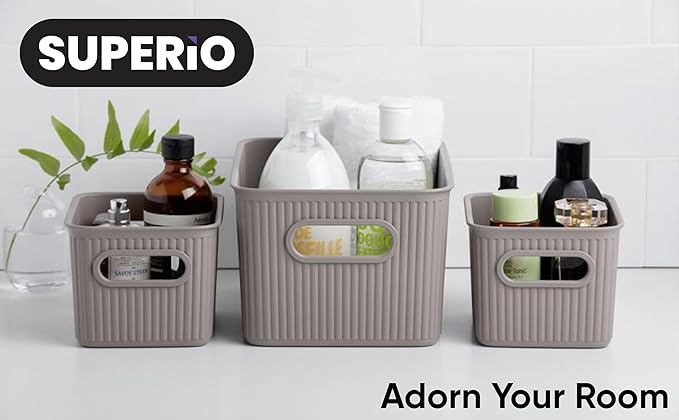 Decorative Plastic Basket Open Home Storage Bins Organizer Baskets, Small Taupe (6 Pack) Container Boxes for Organizing Closet Storage Bins for Shelves Drawer Shelf - Ribbed Collection 1.5 Liter