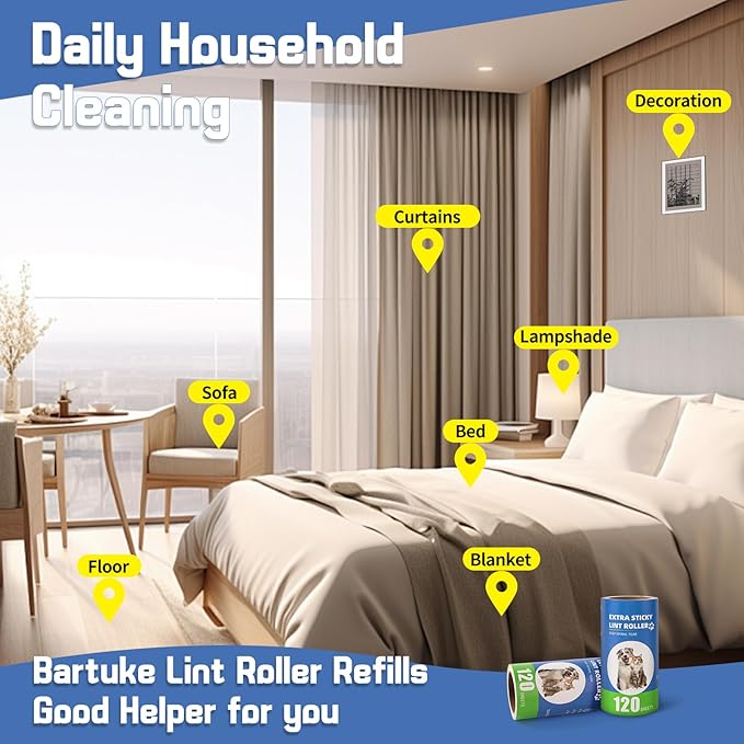 Bartuke Extra Sticky Lint Roller Refills 10 Pack (1200 Sheets) fit 3.8"-4" Standard Size Lint Roller Sticker with Inner Diameter at 1.5" for Pet Hair, Clothes, Furniture, Cars, No Handle Included
