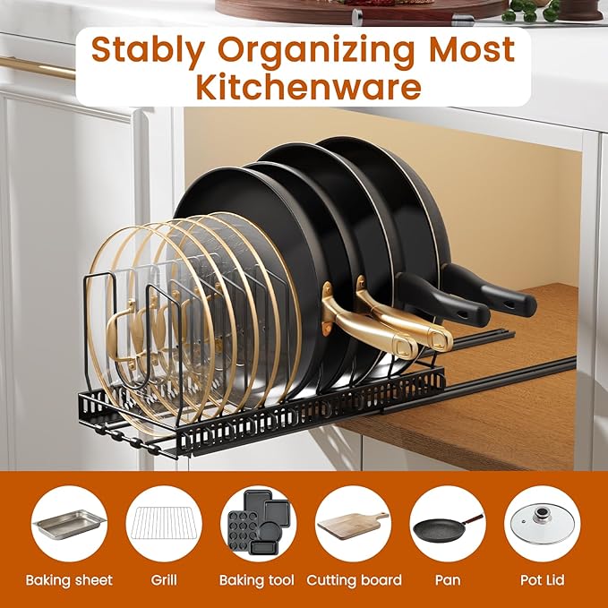 Housolution 2 Pack Pull Out Pot and Pan Organizer for Under Cabinet, Slide Out Pot Lid Organizer with 10 Adjustable Dividers, Sliding Pan Holder Storage Rack Inside Cabinet, Black
