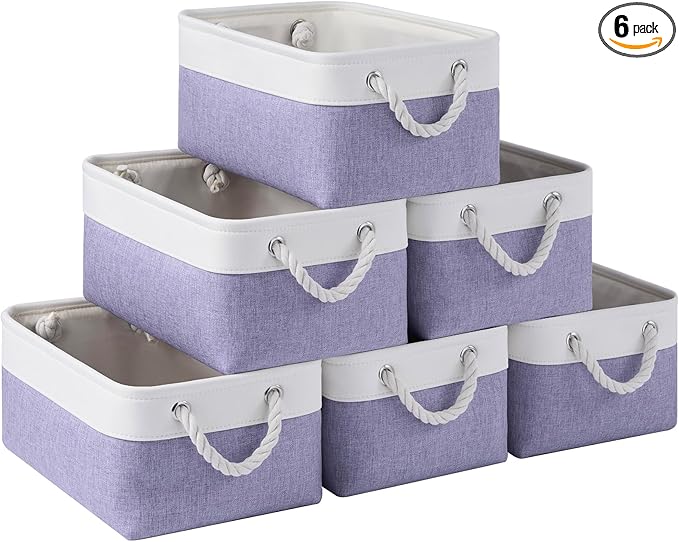 Storage Baskets for Shelves 13.8x9.8x6.7 Inch, Foldable Fabric Storage Bins with Handles, Small Storage Baskets for Organizing Closet, Office, Home Organization (6-Pack, White&Purple)